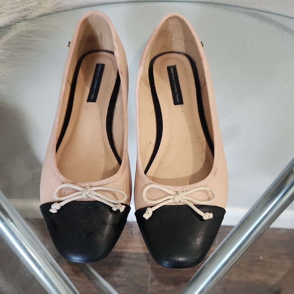 French Connection Black and Cream Flats with Bow Detail